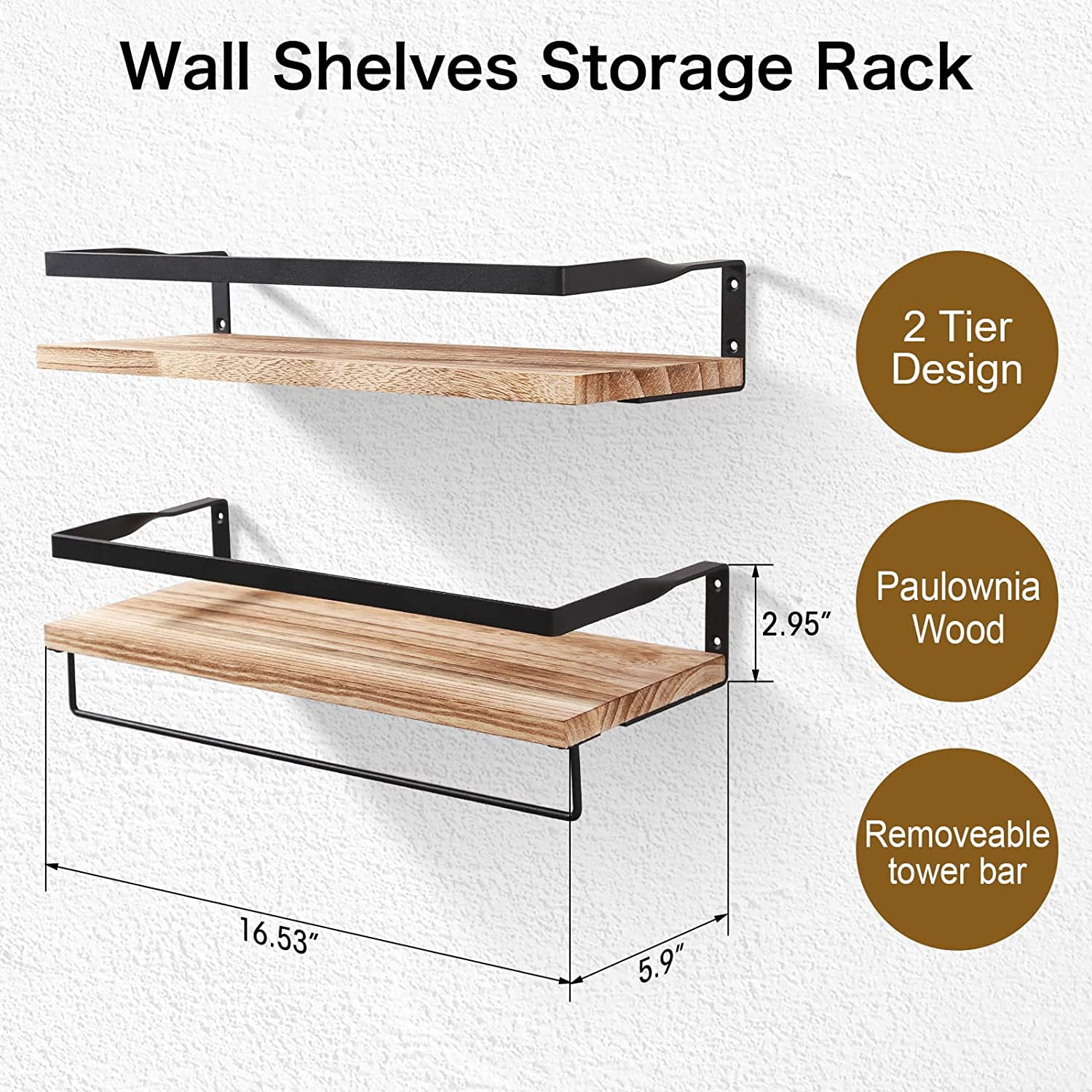 Floating Shelves, Wall Shelf Outdoor, 42x15x8 cm, Shelving Unit for Wall, Towel Holder 6 Hooks, Kitchen Spice Rack, Storage Organiser Bedroom, Bathroom, Living Room, Office