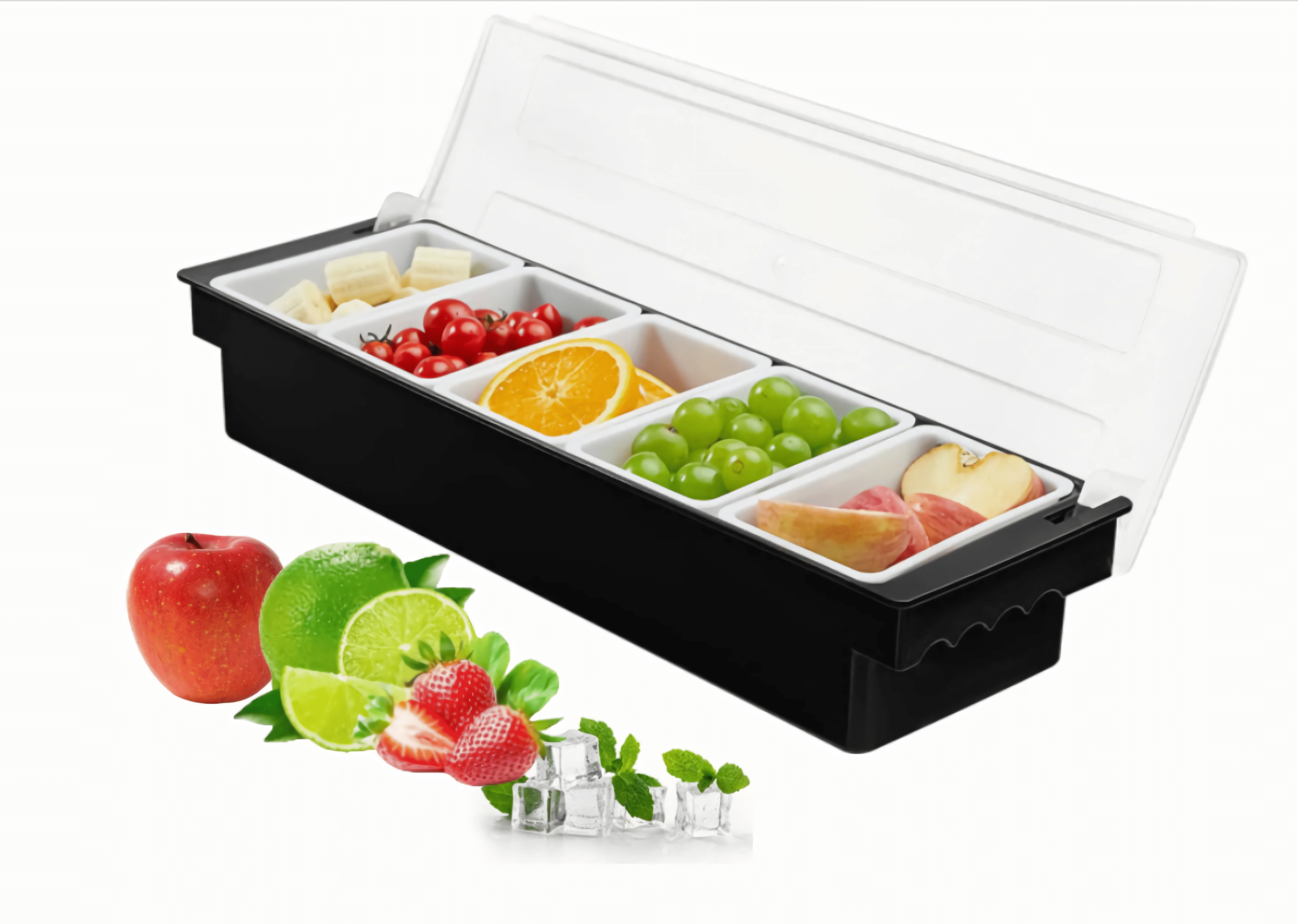 6-Compartment Ice Cooled Condiment Caddy - Serving Tray With Transparent Lid