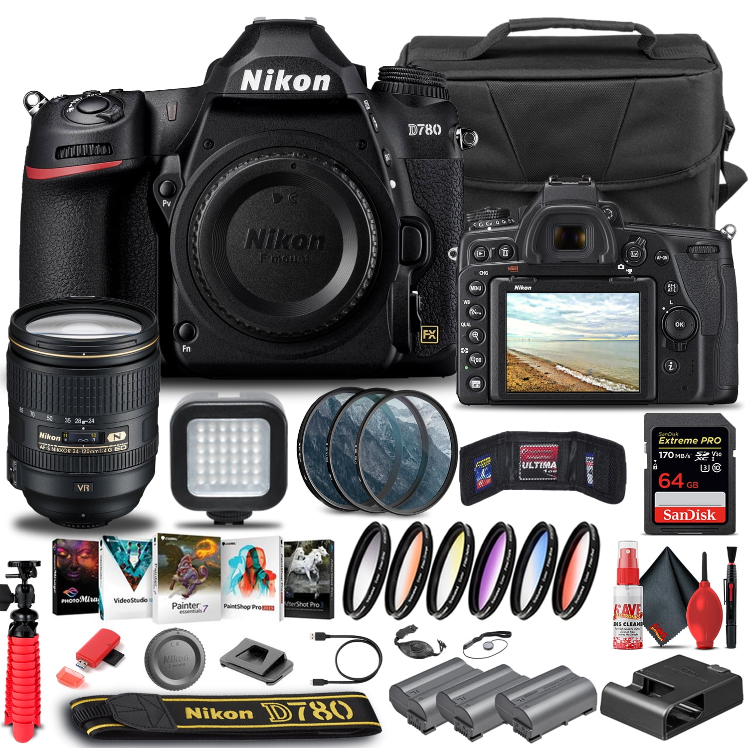 Nikon D780 DSLR Camera 24.5MP Full Frame with 24-120mm Lens 4K Video Bundle 64GB Card LED Light Filter Kit (International Model)