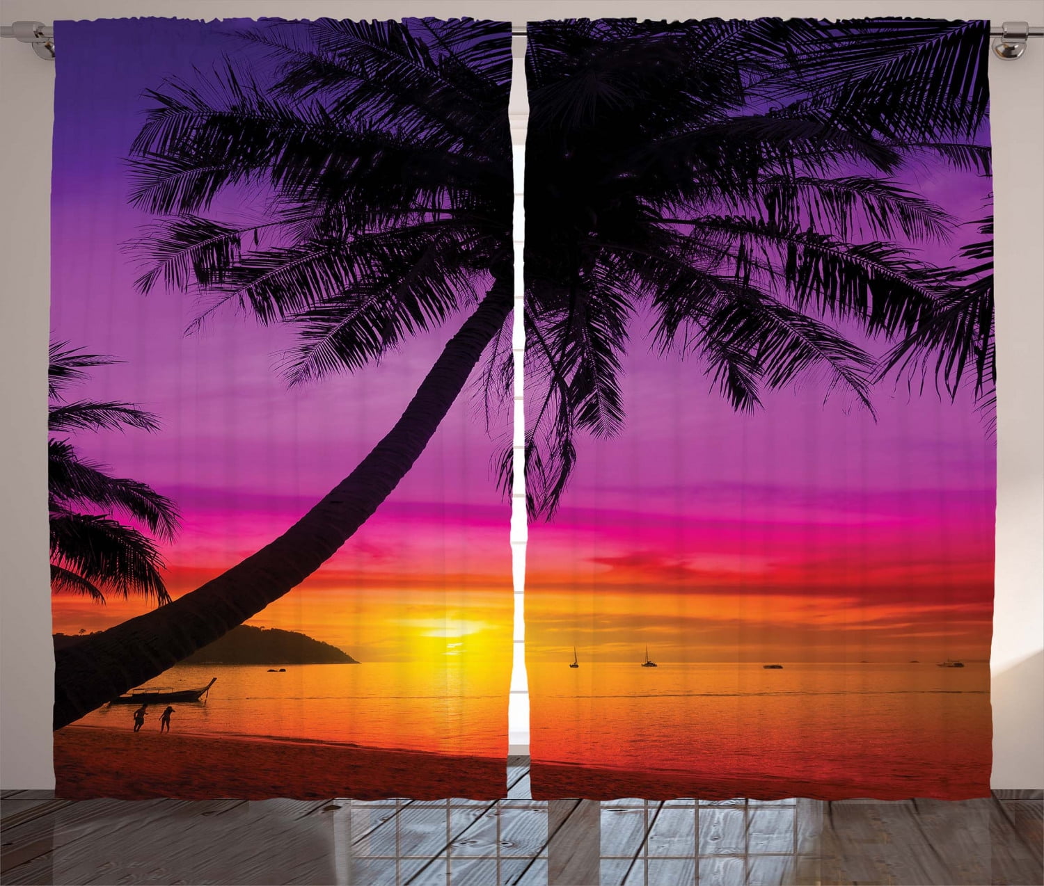 Window Curtains Mural 3D Printing Blockout Drapes Fabric Sunrise Beach Palm Tree 