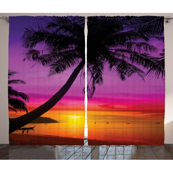 Ambesonne Tropical Curtains 2 Panel Set, Palm Shadow at Sunset, 108" x 90", Purple Orange Black