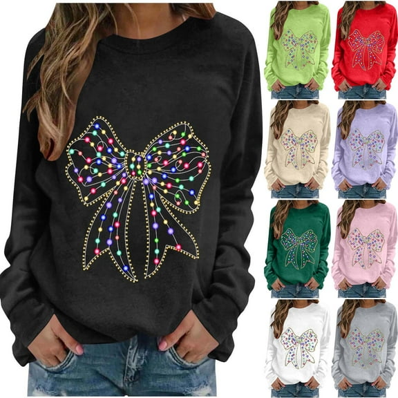 yoeyez Merry Christmas T Shirts Women Cute Bow Print Graphic Sweatshirts Loose Fit Long Sleeve Xmas Tunic Shirt Crew Neck Holiday Pullover