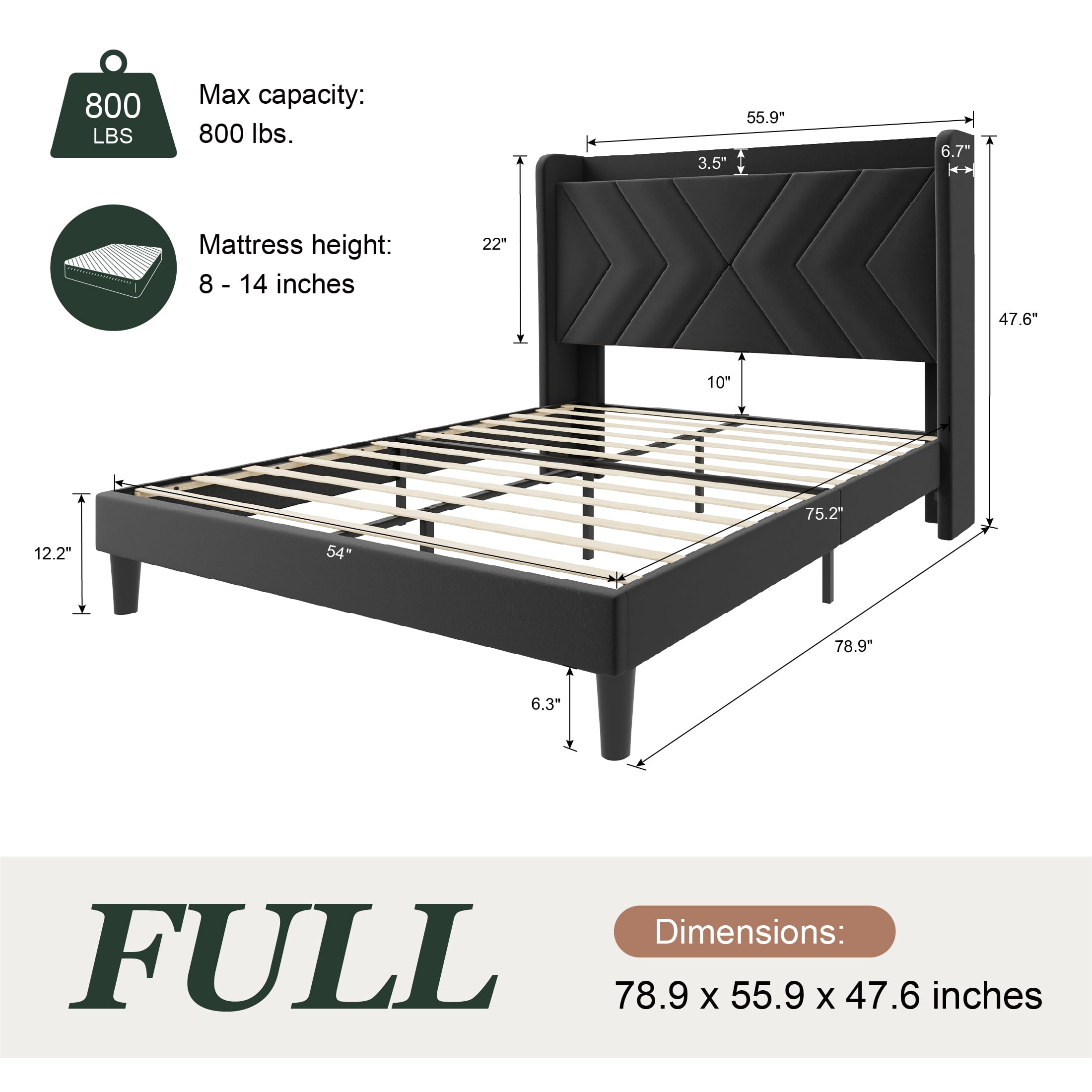 Amolife Full Size Platform Bed Frame with 4-in-1 Charging Station & Storage Shelf, Upholstered Velvet Wingback Headboard, Black