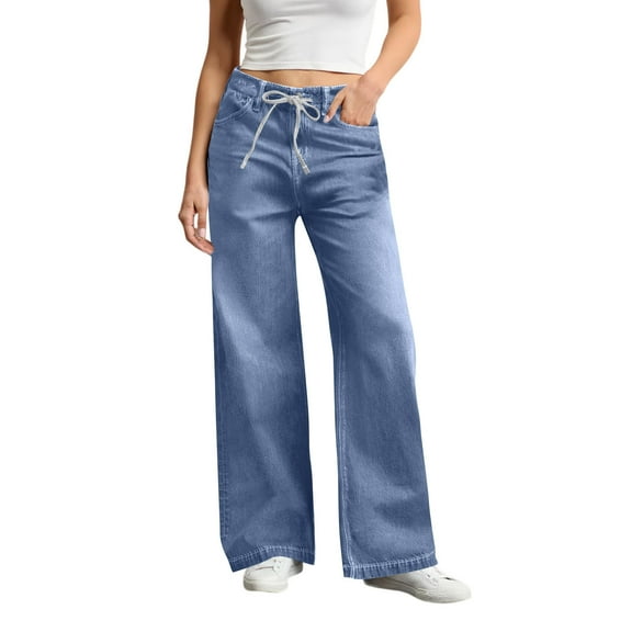 Hogleaql Women's Straight Legg Mid Waist Fashion Y2k Stretchy Wide Leg Button Denim Jeans with Pockets Loose Trousers Light BlueM