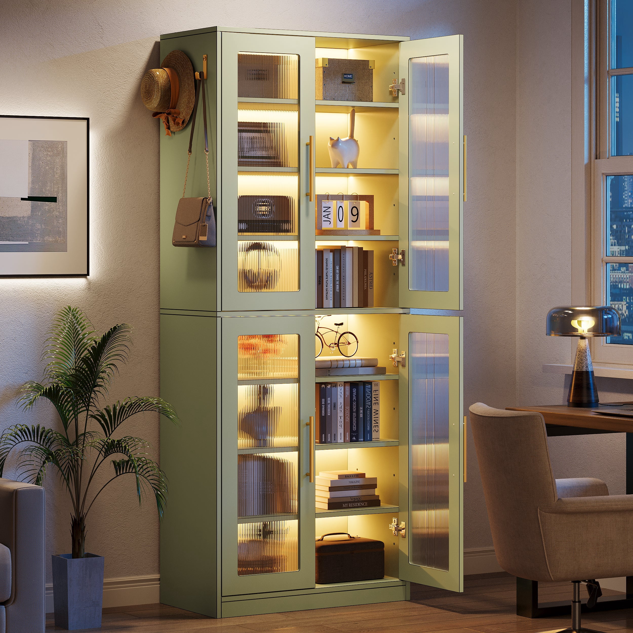Fnova 66.93" Bookcase with Doors, 8 Tier Storage Cabinet with LED Lights for Living Room, Bedroom, Study, Green