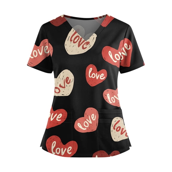 KDDYLITQ Valentine Shirts Women Short Sleeve V Neck Scrubs Top Love Heart Graphic Nurse Uniforms Work Lightweight Tshirts with Pockets Vermilion 4XL