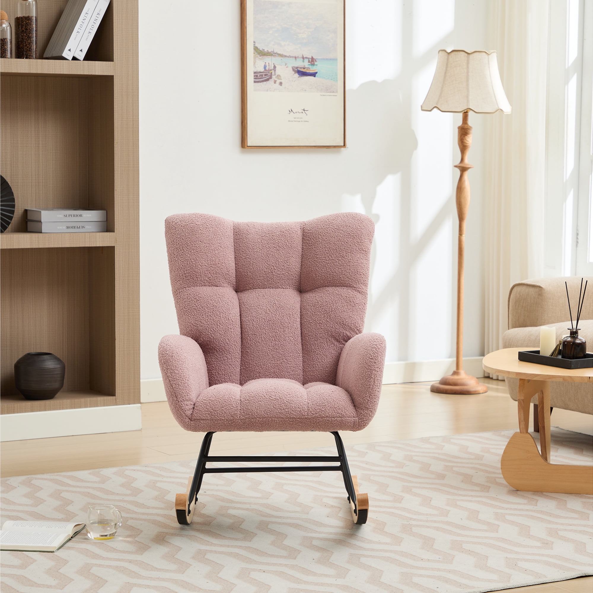 BISHE Modern Nursery Rocking Chair Upholstered Glider Chair with High Backrest Rocker Accent Armchair with Solid Wood Legs for Nursery Bedroom Living Room Teddy, Pink