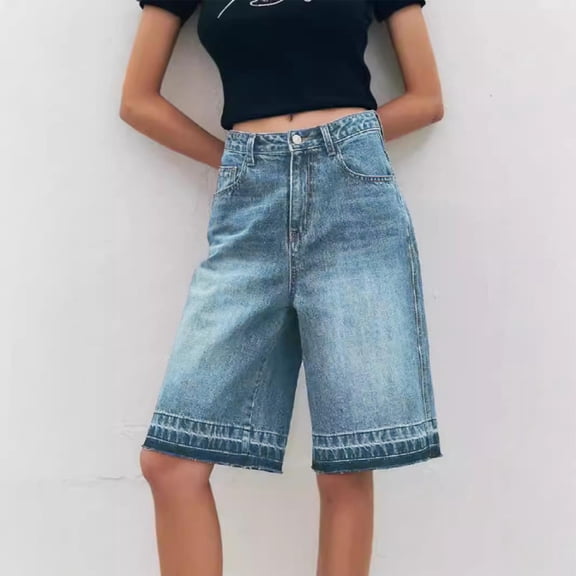 Nuoqisi Womens Unisex Jorts Women High Rise Denim Shorts Wide Leg Baggy Jeans Solid Fashion Casual Streetwear Y2k Pants