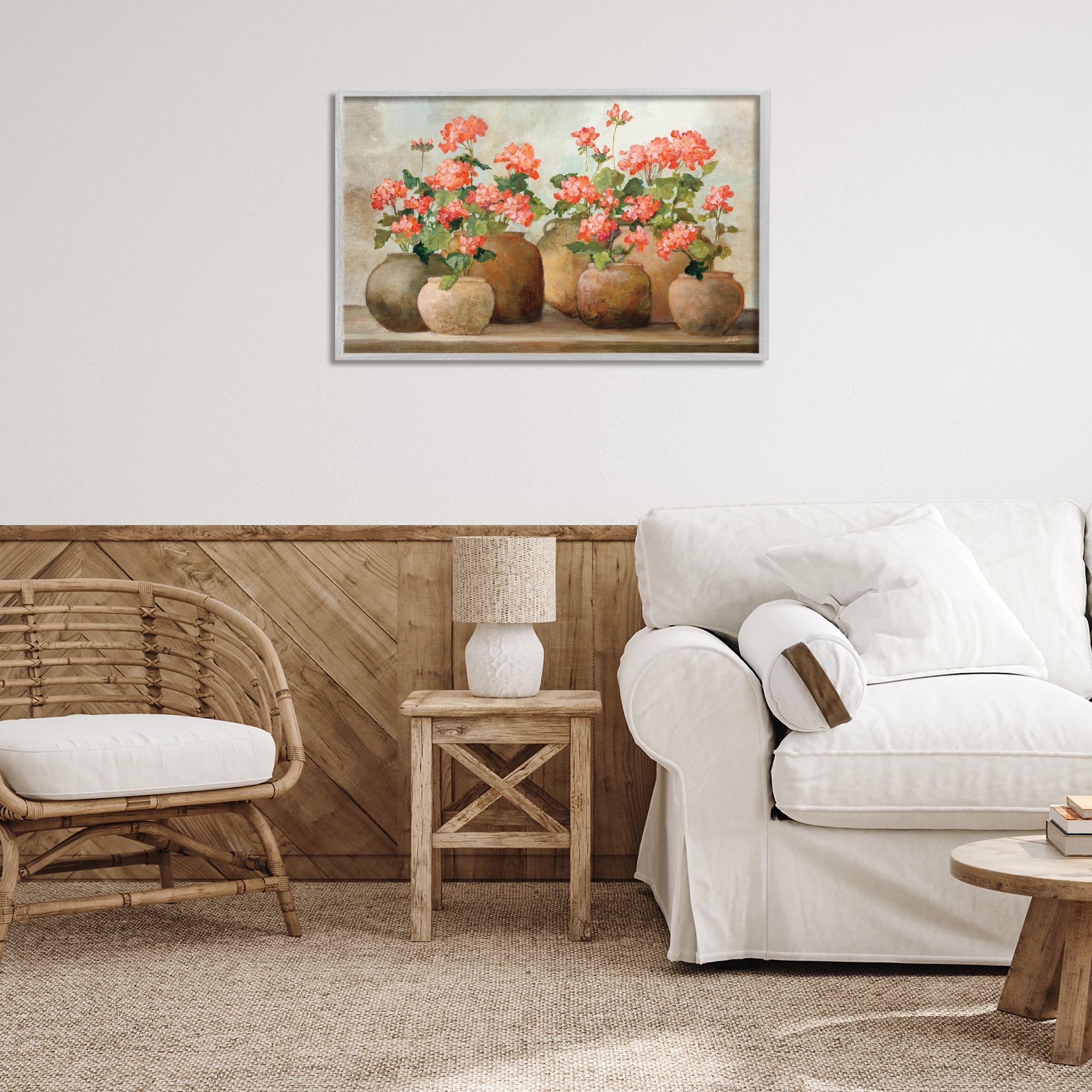 Stupell Industries Pink Cottage Geraniums Botanical & Floral Painting Gray Framed Art Print Wall Art, 30 x 20