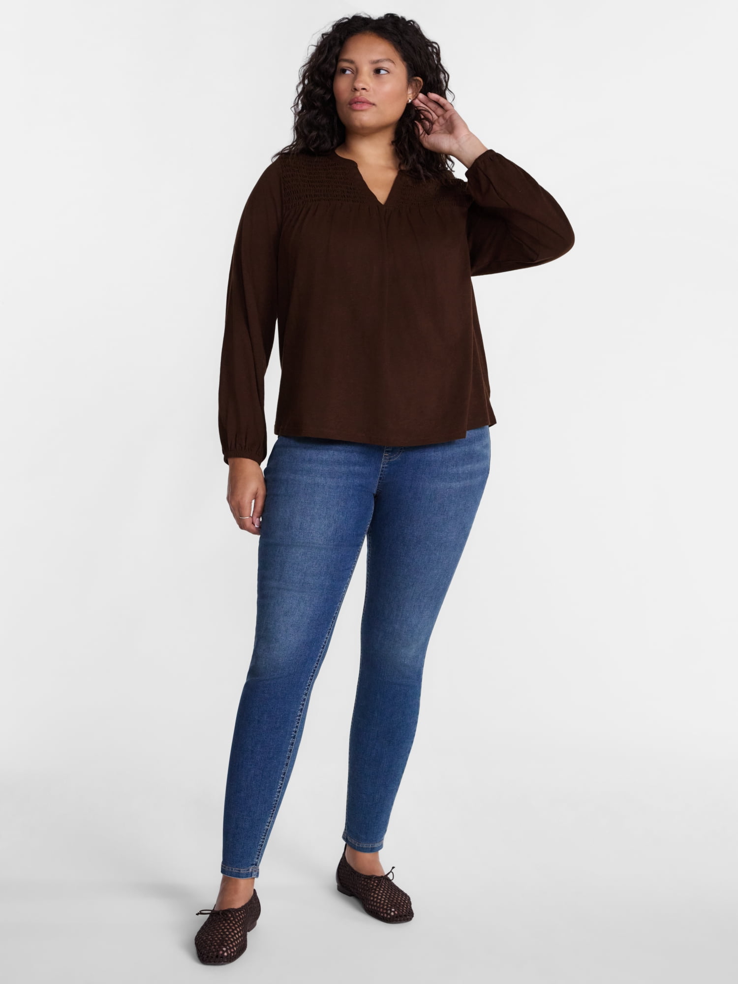 Terra & Sky Women's Plus Smocked Yoke Top with Long Sleeves, Sizes 0X-5X