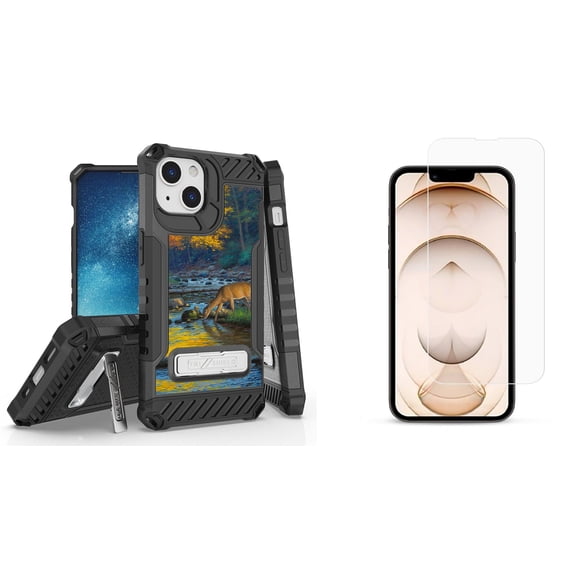 Bemz iPhone 13 Mini Bundle: Tri Shield Military Grade Armor Rugged Case (Deer Lake Wilderness), Premium Glass Screen Protectors (2-Pack)