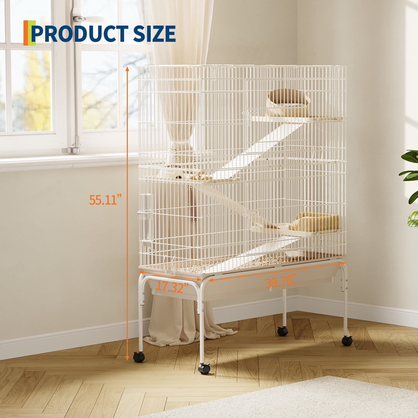 TEQIN 3 Tiers Small Animal Critter Cage,55" h Ferret Cage  with 3 Removable Ramps,Food Bowl, Water Bottle, Metal Small Animal Cages on Wheels for Chinchillas, Guinea Pigs, Rabbit, Sugar