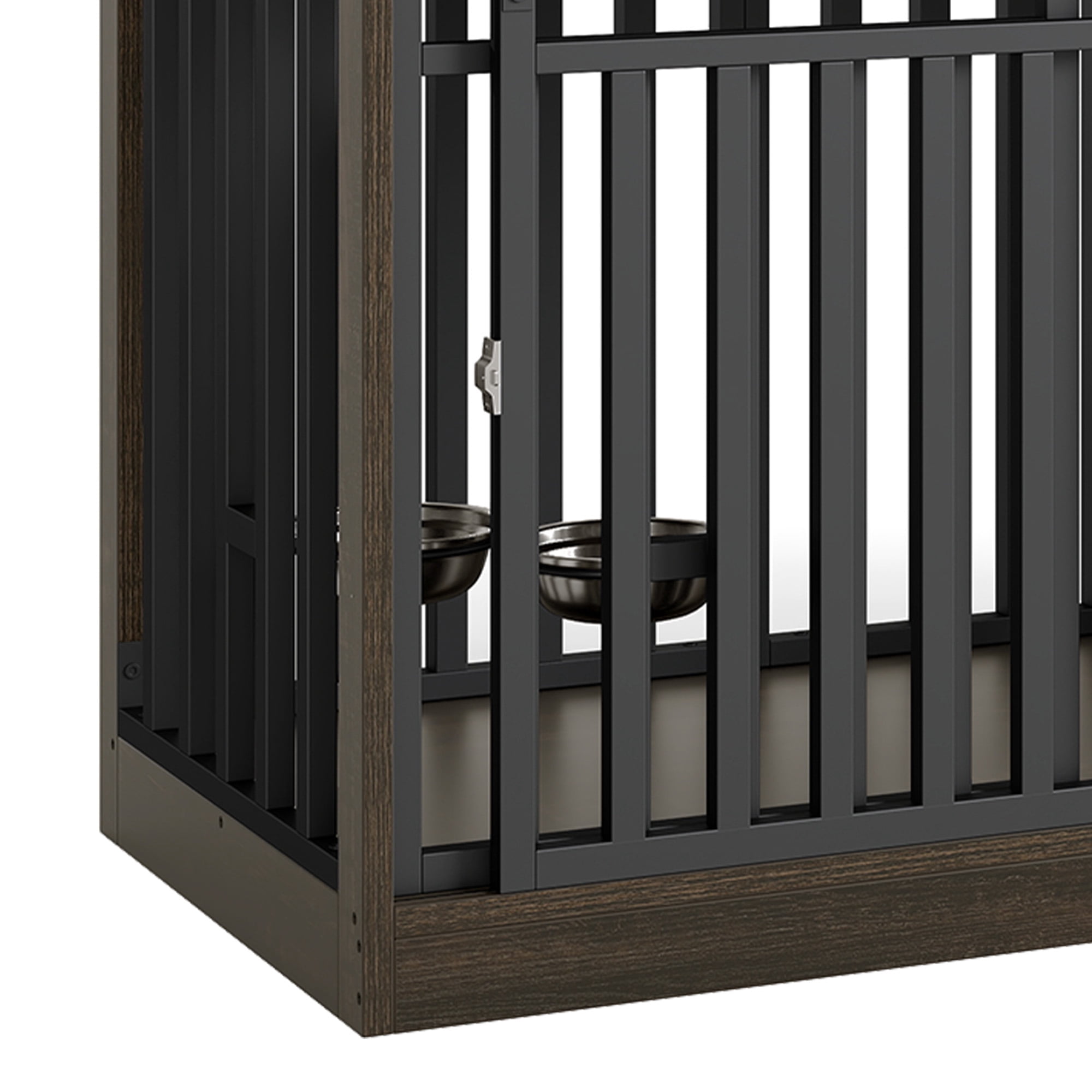 Dextrus 71" Dog Crate Furniture with 4 Dog Bowls for 2 Dogs, Heavy Duty Wooden Dog Kennel Crate TV Stand - Black Oak