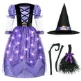 thumbnail image 4 of Joyfy Light Up Witch Costume Set for Girls, Starry Witch Dress with Broom Belt Hat for Kids and Toddlers, Perfect for Halloween Party Dress-Up Cosplay (5-12 Years), 4 of 10