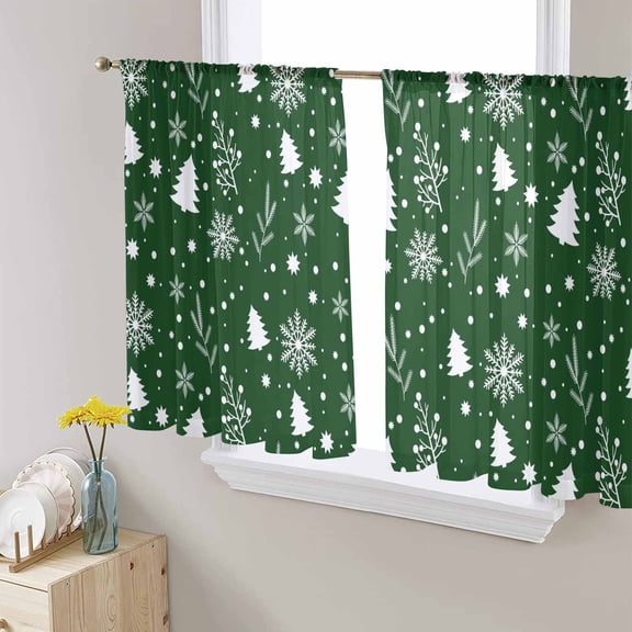 Green Christmas Sheer Curtains 45 Inches Long, Xmas Tree Snowflakes Winter Holiday Light Filtering Window Curtains for Living Room/Bedroom, Rod Pocket Voile Sheer Drapes, 52"W x 45"L, 2 Panels