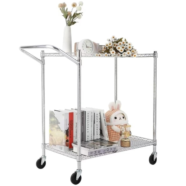 Kojooin Chariot Utilitaire Roulant en Métal à 2 Niveaux avec Roues, Chariot de Rangement en Fil d'Acier Chromé avec Poignée pour Cuisine Ou Bureau