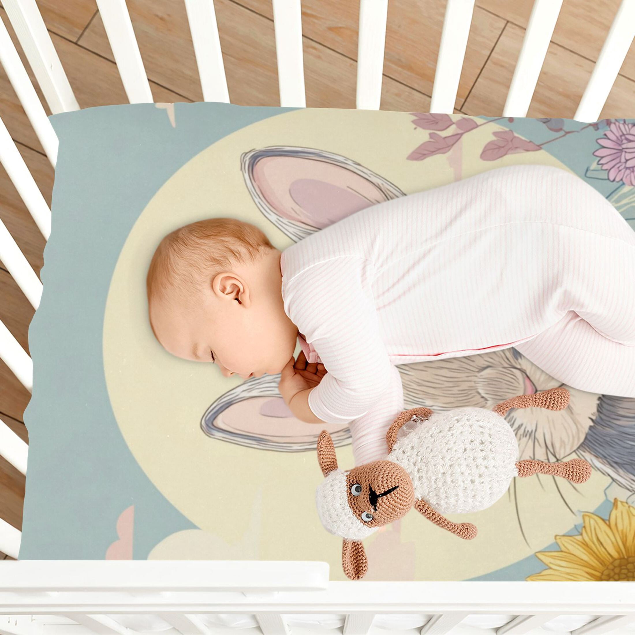 Baby Essentials 52”x 28”- Standard Cotton-like Modal Elastic- Cute Cartoon Rabbit Design Crib Sheets for Newborns and Toddlers