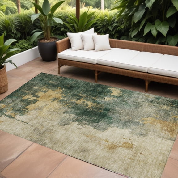 HomeRoots 603054 5 x 8 ft. Fern Green & Gold Abstract Washable Indoor & Outdoor Rectangle Area Rug