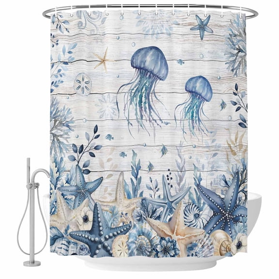 60x72 Inch Shower Curtains for Bathroom, Blue Jellyfish Coastal Bath Curtain Decor, Beach Starfish Nautical Coral Retro Waterproof Restroom Curtains Shower Set Accessories with 12 Hooks 60 Inch
