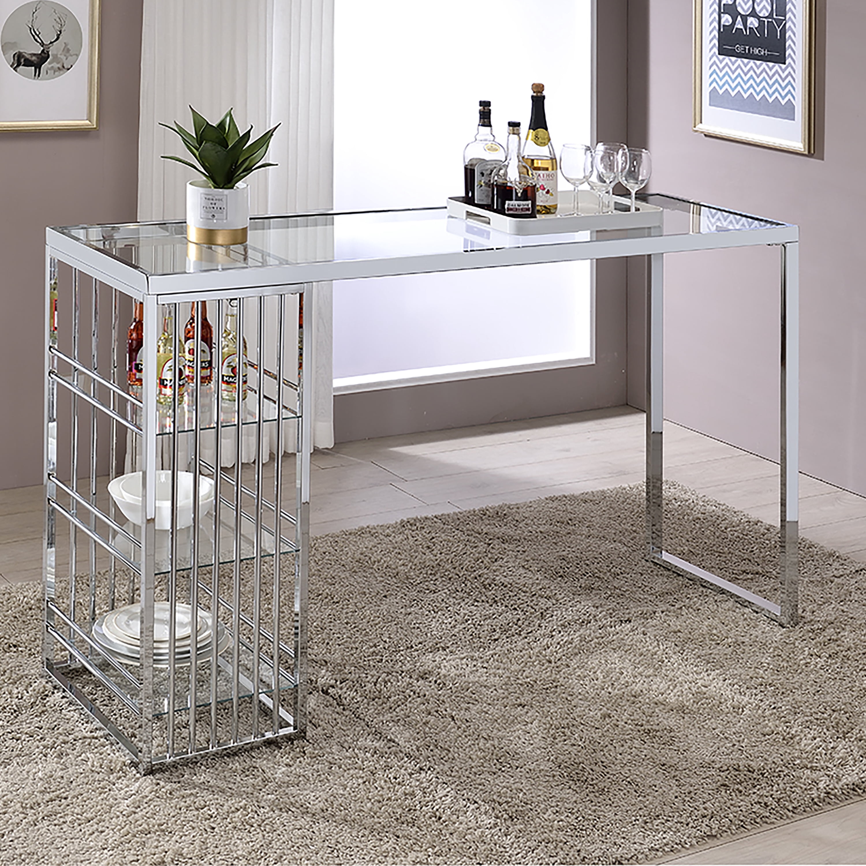 Furniture of America Towla Indoor Contemporary Glass Bar Table, Silver/Clear