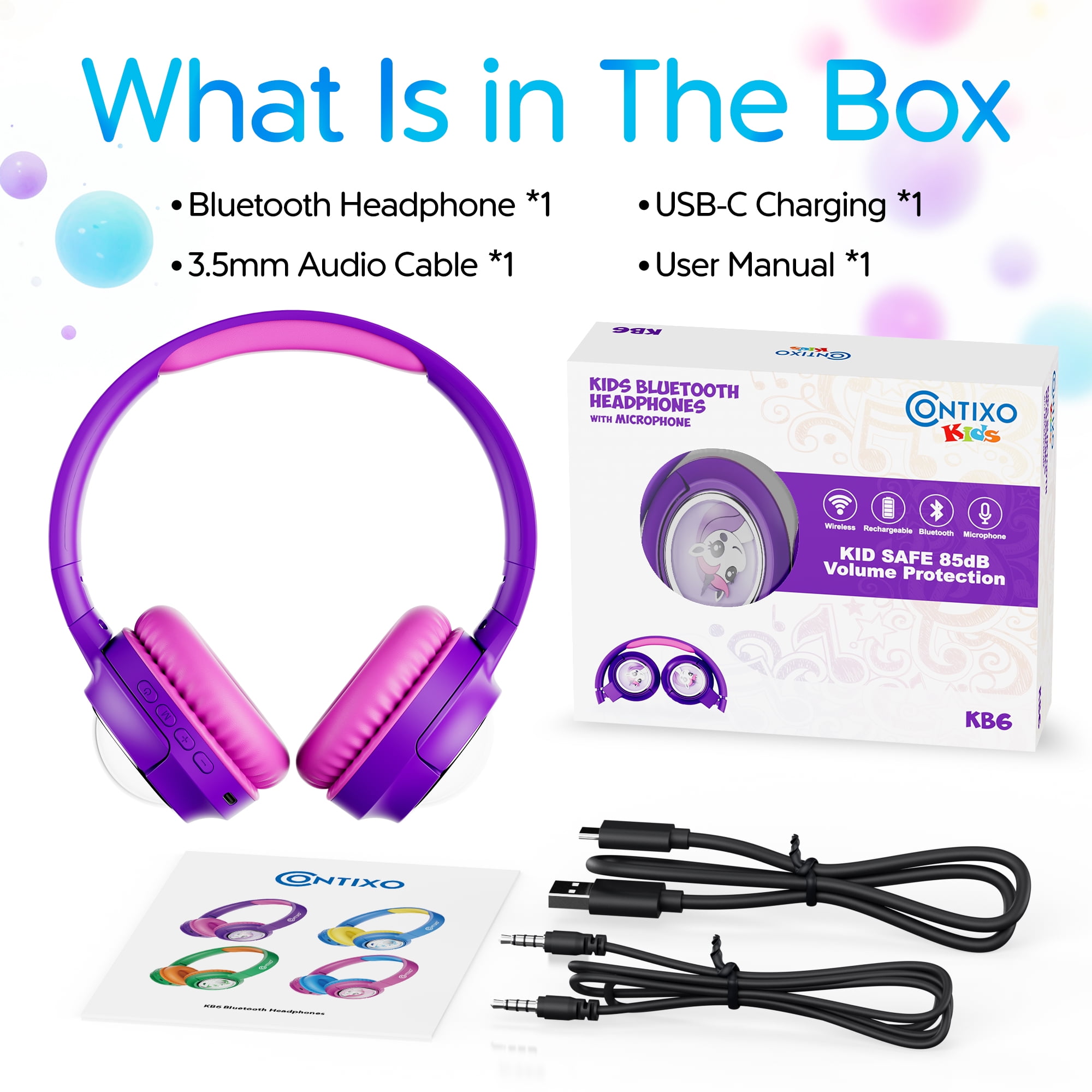 Contixo Foldable Kids Headphones with Microphone, Noise-Limiting Bluetooth Headphones, Purple