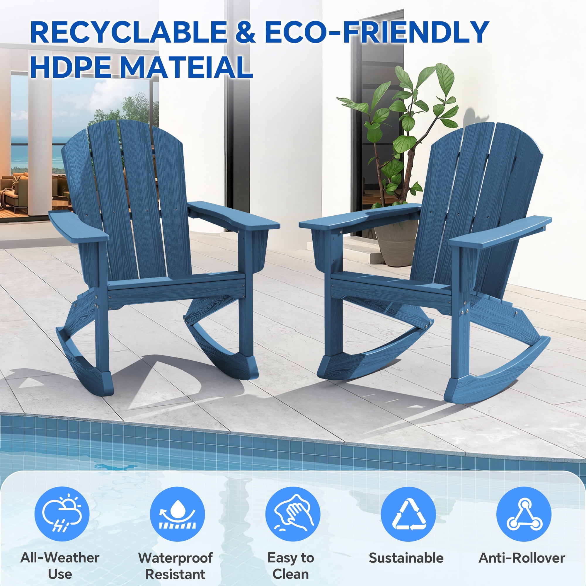 SERWALL Rocking Adirondack Chair, HDPE Outdoor Rocking Chair, All Weather Porch Rocking Chair for Patio, Blue