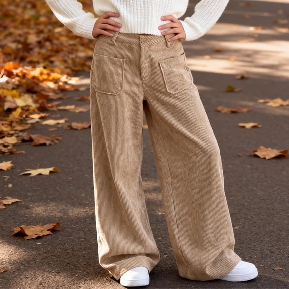 Girls Corduroy Pants Wide Leg Design Vintage Baggy Pants with Pockets High Waist Casual Pants for Girls Girls Khaki Uniform Pants Kids Girls Pants Size 5-6 Years