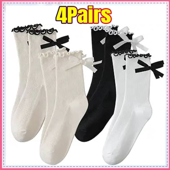 4 Pairs Socks Women's Bow Socks Ruffle Casual Crew Black White Soft Breathable Cotton
