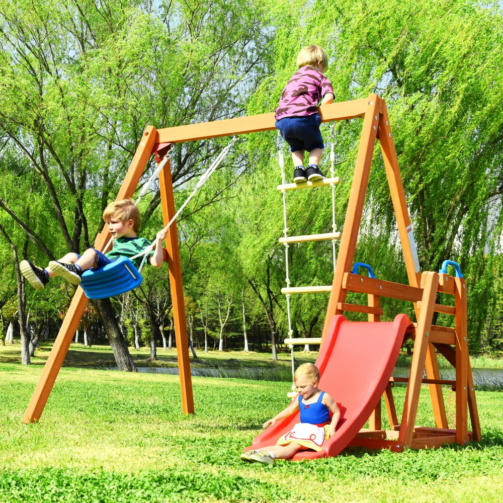 Kids Swing Set with Slide, Wooden Outdoor Playset Swing Set for Kids