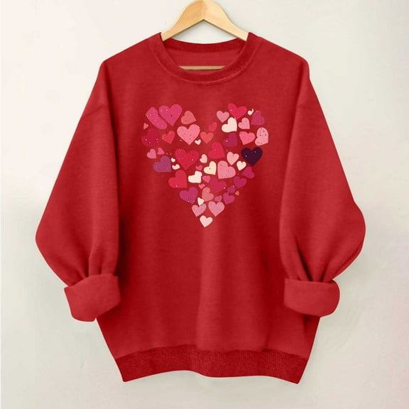 Xdegoge Oversized Sweatshirt for Women Valentine's Day Heart Printed Long Sleeve Crew Neck Casual Hoodless Sweatshirt Fashion Dressy Tops Holiday Shirts