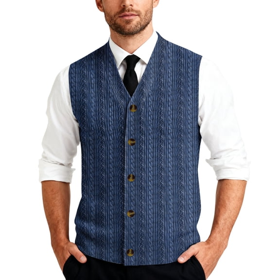 Vests for Men Cable Knit V-Neck Sleeveless Sweater Button Down Cardigan Fall Winter Business Casual Blue 3XL