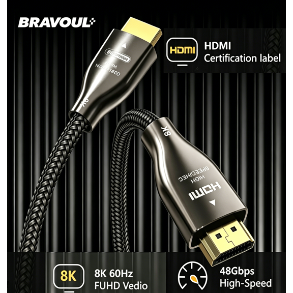 Bravoul 10K 8K HDMI Cable 48Gbps 6.6 FT, Certified Ultra High Speed HDMI® Cable 4K 240Hz 144Hz 120Hz 8K60Hz 0.01ms HDR10  eARC HDCP2.3  TV PC Monitor Projector PS5 Xbox