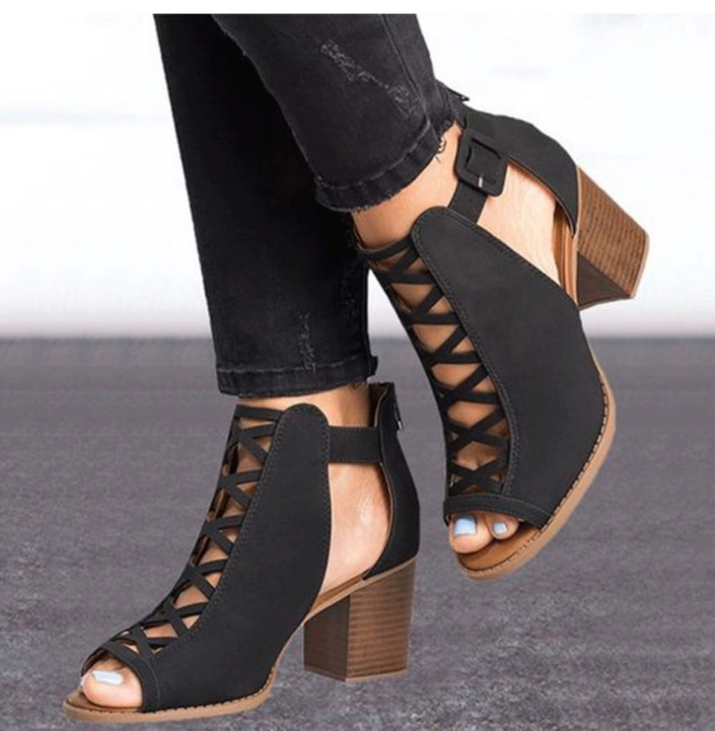 Ladies Cutout Boot Sandals Women Fashion Flock Thick High Heel Zip Solid Sandals Peep Toe Casual Shoes