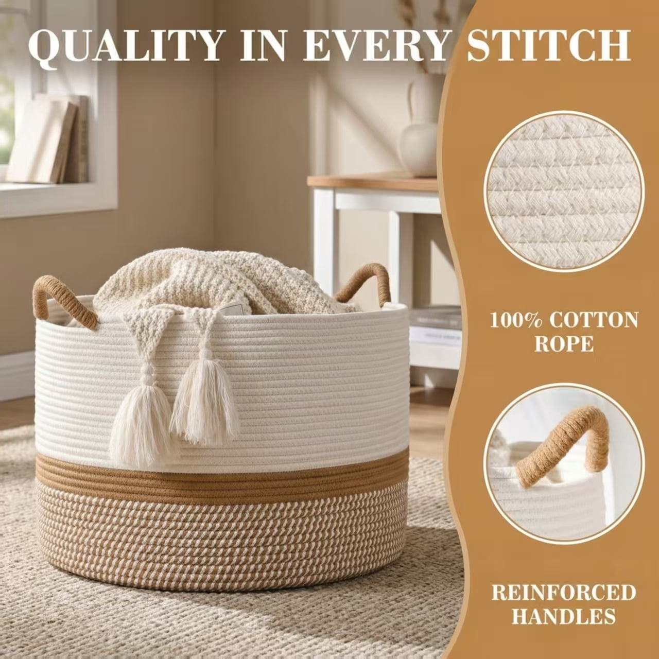Large Blanket Basket (20"x13"),Cotton Rope Blanket Basket for Living Room, Laundry, Nursery, Pillows,  (White/Brown)