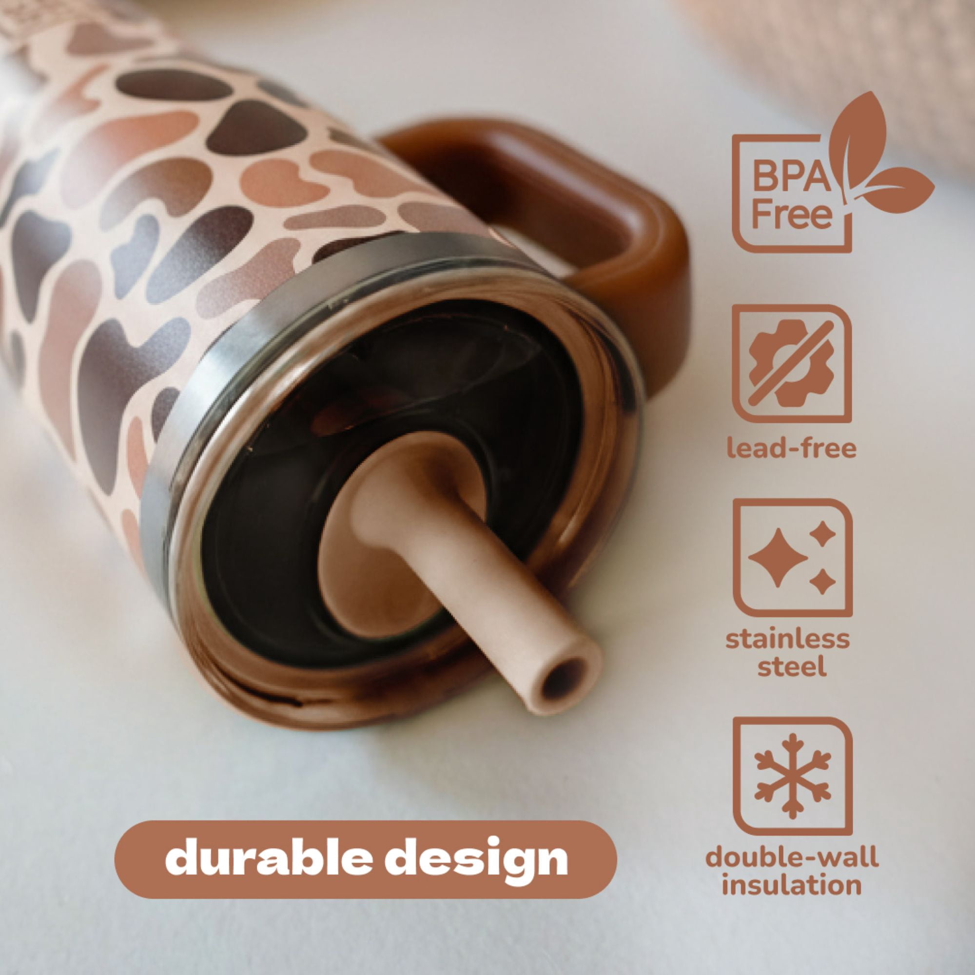 YAYA My First Travel Tumbler for Preschool & Kids 3+, Insulated Stainless Steel Tumbler with Reusable Silicone Straw & Spill-Proof Lid, Cup Holder Compatible, BPA-Free, 12oz, Brown Camo