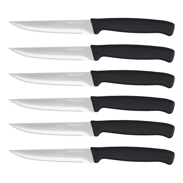 Monteratillo Set De 6 Cuchillos Dentados Afilados Para Carne plata negro