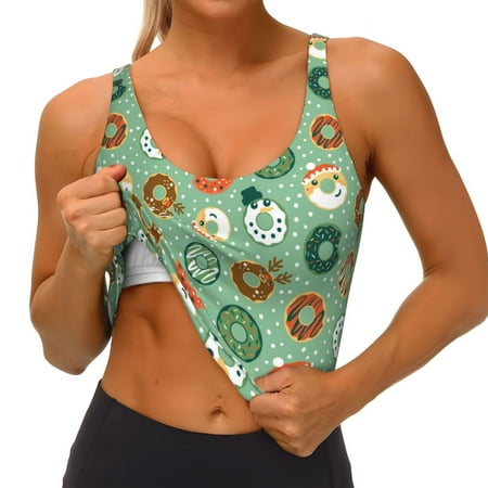 Qokaie Christmas Donuts Pattern Womens Scoop Neck Sports Bra Breathable Workout Vest Padded U Back Medium Impact Fitness Gym Yoga Bra Workout Crop Top