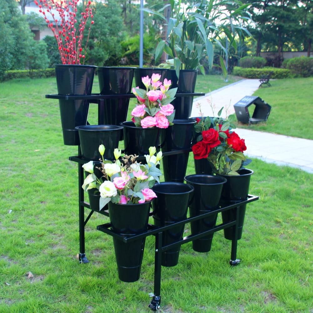 Zhongma 3 Tier Flower Display Stand with 12pcs Plastic Buckets Moving Plant Stand with Wheels