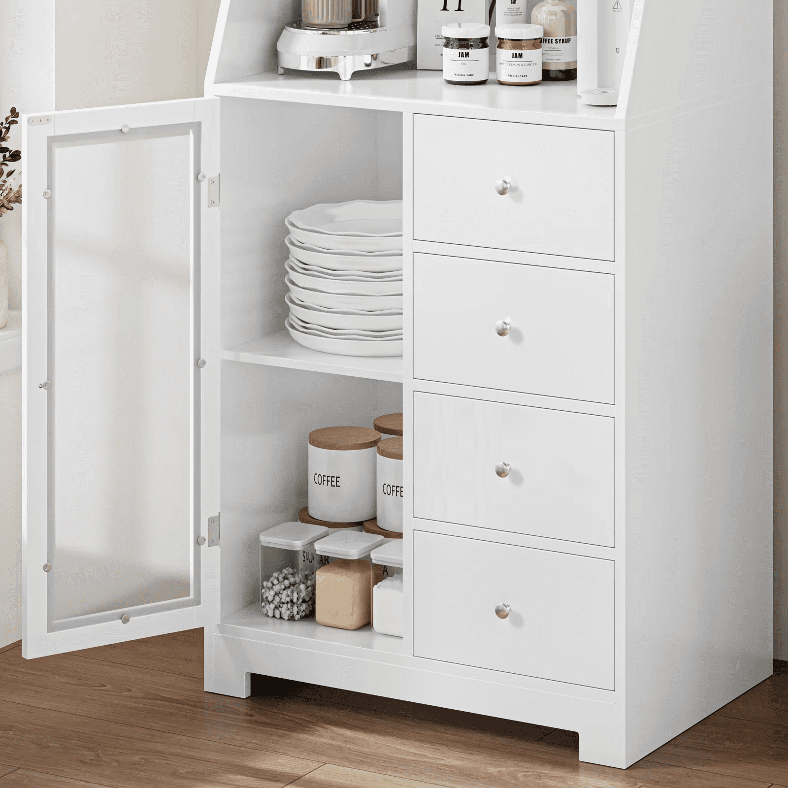 Homfa 64.1'' Kitchen Pantry with Microwave Shelf, 4 Drawers Storage Cabinets with Glass Door for Dining Room, White
