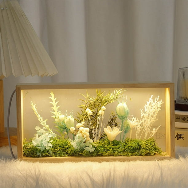 Marco de fotos luminoso DIY Marco de fotos de flores secas Mundo del bosque Flor eterna Caja de exhibición de doble cara Marcos luminosos