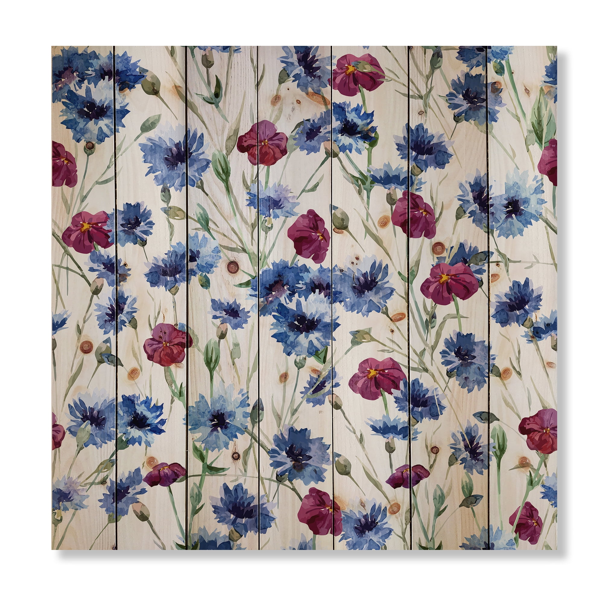 Designart 'Red and Blue Wildflowers' Traditional Print on Natural Pine Wood