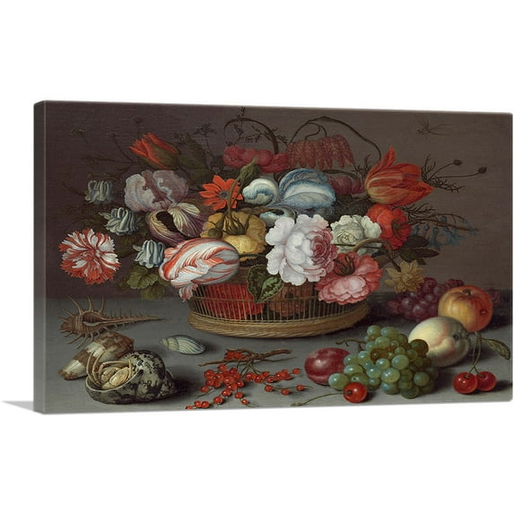 ARTCANVAS Basket of Flowers 1622 Canvas Art Print by Balthasar van der Ast - Size: 12" x 8" (0.75" Deep)