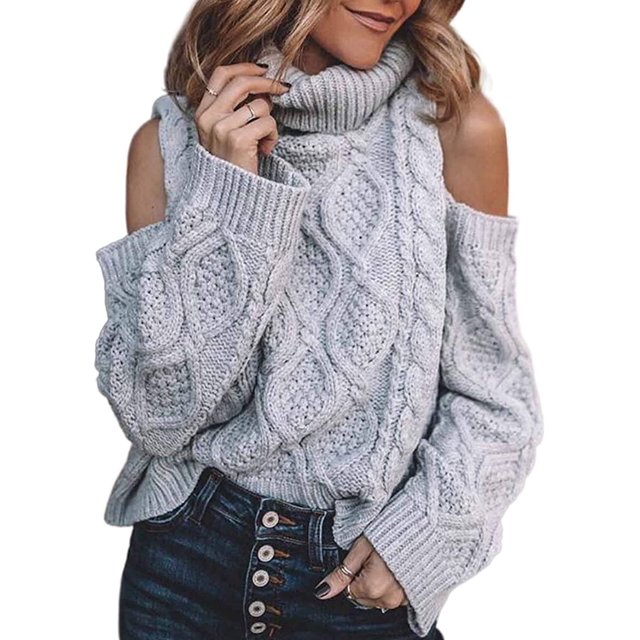 Womens Cold Shoulder Oversized Turtleneck Sweaters Long Sleeve Chunky Solid Color Knitted Pullover Outwear Coat