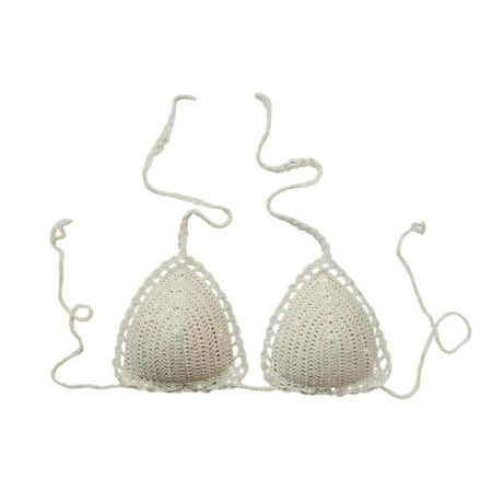 HABDGIKS Bikini Tops for Women Solid Casual Backless Tether Halter Handmade Bra Crochet Swimwear