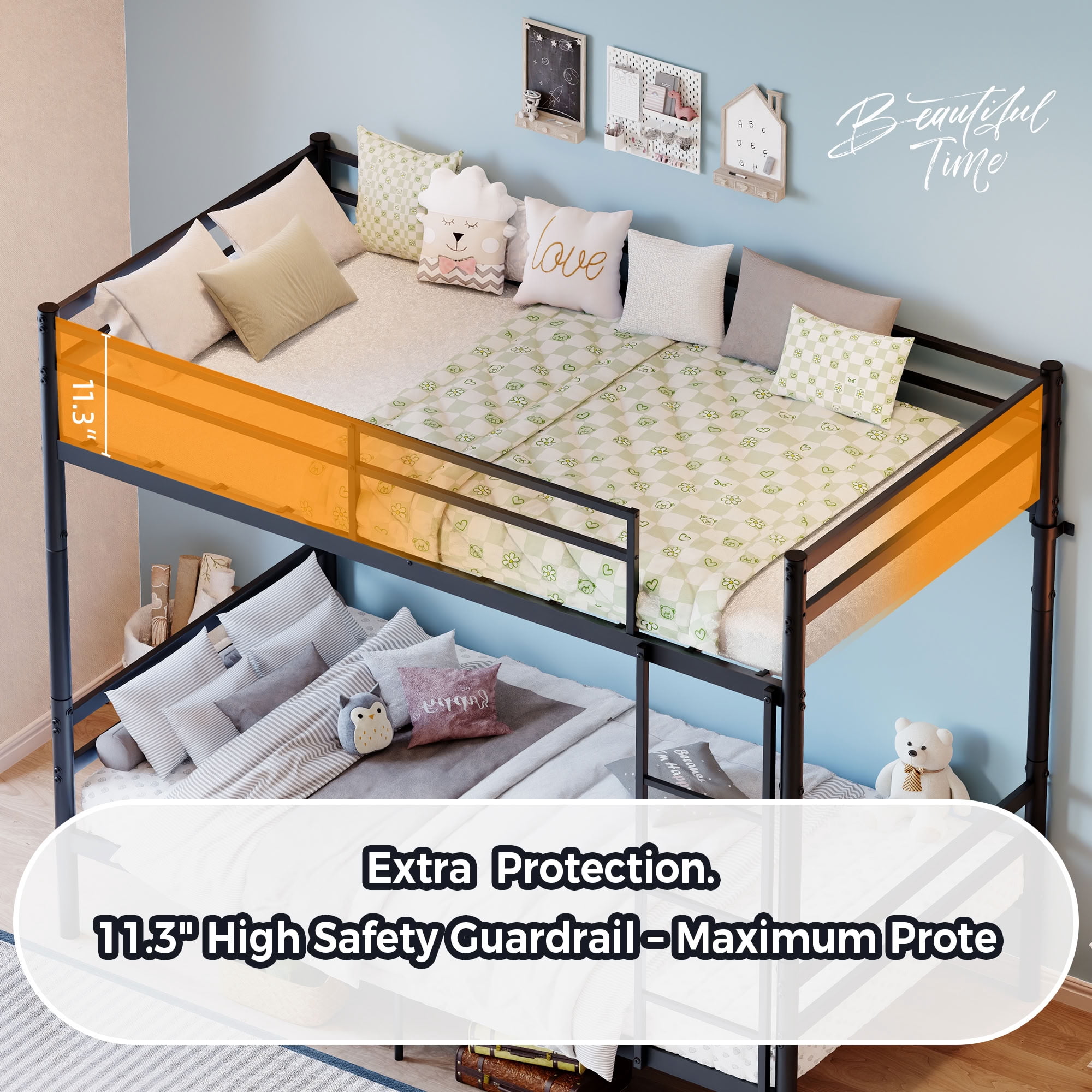 MAYEERTY Twin Over Twin Metal Bunk Bed with Ladder and High Guardrail, Splittable into 2 Individual Twin Beds, for Kids Teens Adults Bedroom Dorm, No Box Spring Needed