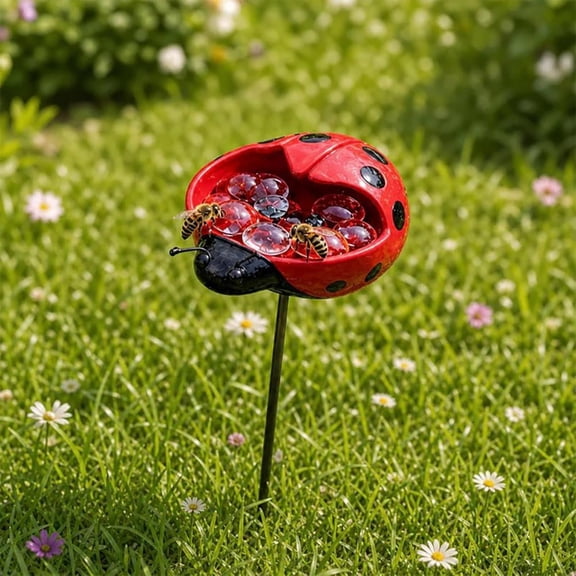 Sttlejura Ladybug Watering Station, Resin Animal Water Dispenser Bowl for Bees Butterflies Garden Patio Yard Flower Bed Decor