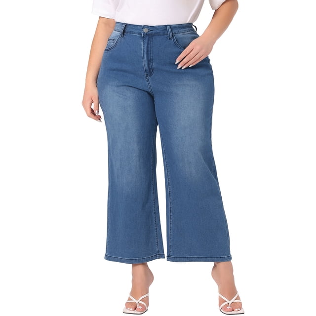 CURVY GLAM Women's Plus Size Jeans Stretchy Washed Button Wide Leg Jeans Palazzo Pants 2X Blue