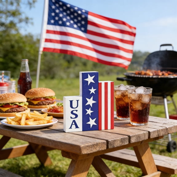 4th of July Patriotic Tiered Tray Decorations - Rustic Wooden Independence Day Decor Set with USA Flag & Star Elements, Multi-Style Mix for Memorial Day Home Party Kitchen Farmhouse Display (White)