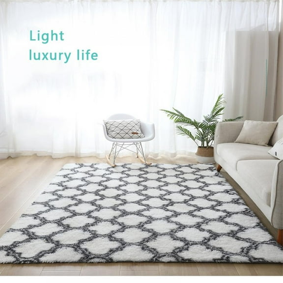 Soft Area Rugs Fluffy Modern Geometric Rugs for Bedroom Living Room, Shaggy Floor Carpets Large Indoor Mat for Girls Kids Teen's Room Nursery Home Decor, White & Grey