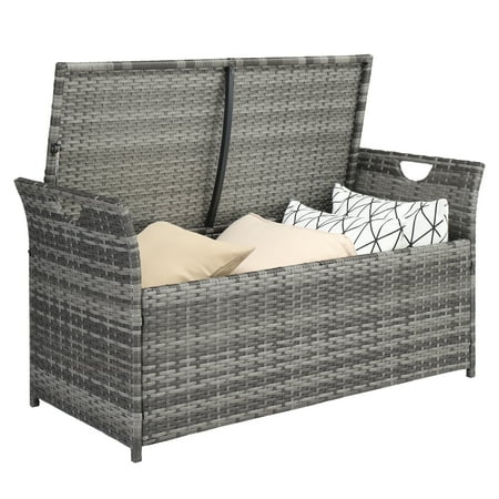 Seizeen Patio Storage Bench  Outdoor Wicker Deck Box  PE Rattan Patio Storage Furniture with All-Weather Zippered Cushion  Gray